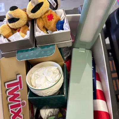 A collection of small gift items and collectibles including boxed plush figures, a Twix tin, a ceramic bowl, and a mint green folding light.
