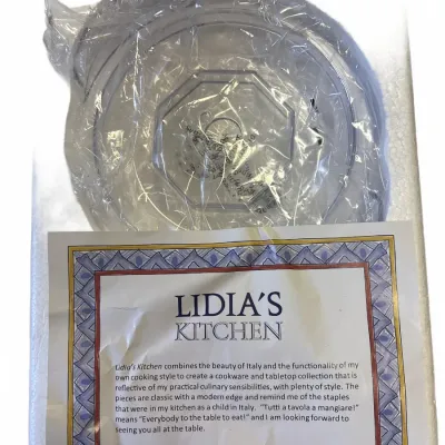 Set of Lidia's Kitchen clear plastic lids or kitchenware components, sealed in original plastic wrapping and styrofoam packaging...