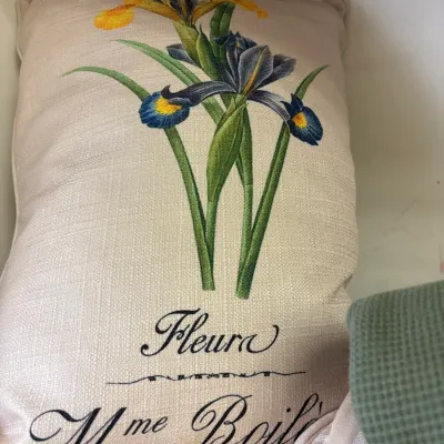 Rectangular decorative throw pillow featuring a French botanical iris print on a beige textured fabric.