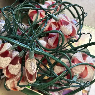 Tangled strand of novelty Christmas lights featuring frosted peppermint candy-shaped light covers on a green wire.