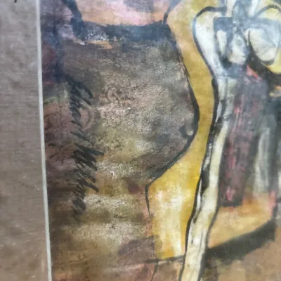 Close-up detail of an expressionist artwork featuring a hand-rendered signature on the lower left.
