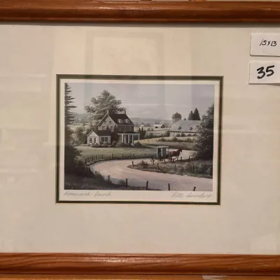 Framed art print titled 'Homeward Bound' by Bill Saunders, depicting a rural landscape with a horse-drawn buggy and farmhouse,...