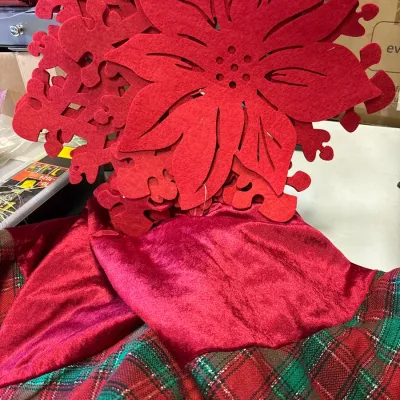Red felt poinsettia placemats and a coordinating red velvet and plaid Christmas tree skirt.