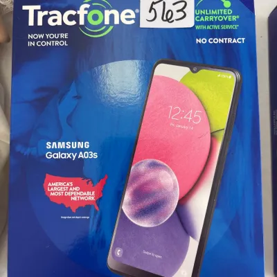 Tracfone Samsung Galaxy A03s prepaid smartphone in original retail packaging.