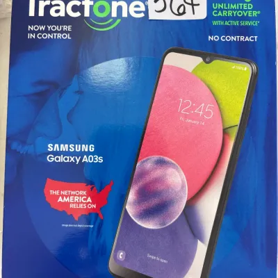 Tracfone prepaid Samsung Galaxy A03s smartphone in its original retail packaging, labeled with lot number 564.