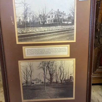Framed historical print set featuring black-and-white photographs and descriptive text regarding the Robert Hance house in Rumson, New...