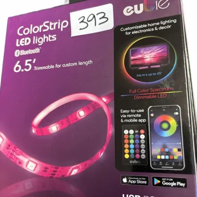 Boxed Tzumi ColorStrip 6.5-foot Bluetooth LED lights with USB power, appearing new in retail packaging.