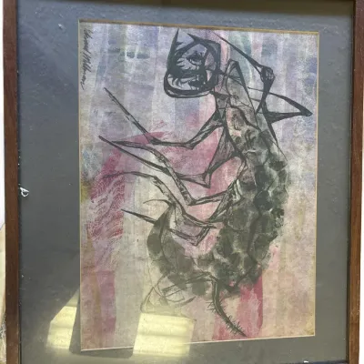 Framed mid-century abstract expressionist mixed media artwork, signed by the artist in the upper left, housed under glass in a dark...