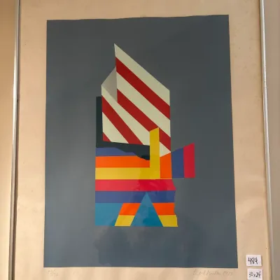 Framed 1973 geometric abstract serigraph screen print by Earl Linderman, pencil signed and numbered 43/150 in a simple silver frame.