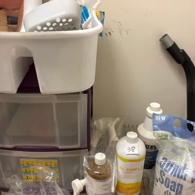 Collection of household cleaning supplies, plastic storage drawers, and laundry detergent sitting in a utility area.