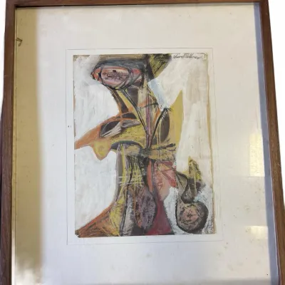 Framed mid-century abstract expressionist mixed media artwork, signed in the upper right and housed in a thin wood frame.