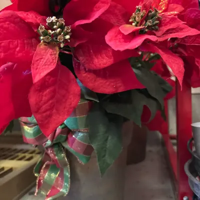 Artificial red poinsettia arrangement housed in a rustic metallic planter, decorated with a plaid festive ribbon.