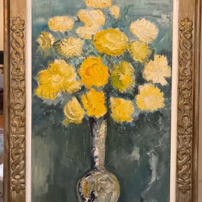Framed impasto oil painting depicting a bouquet of yellow flowers in a vase, signed E. Vingris at the bottom right.