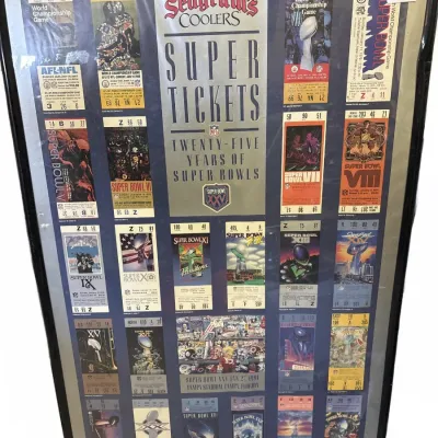 Framed Seagram's Coolers "Super Tickets: Twenty-Five Years of Super Bowls" promotional poster, measuring 36x24 inches.