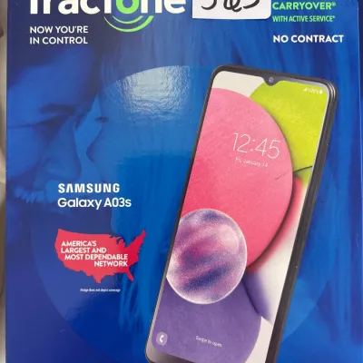 Tracfone Samsung Galaxy A03s prepaid smartphone in original retail packaging.