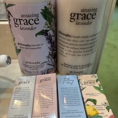 Collection of Philosophy beauty products including two 32 fl. oz. bottles of Amazing Grace Lavender shampoo, bath & shower gel...