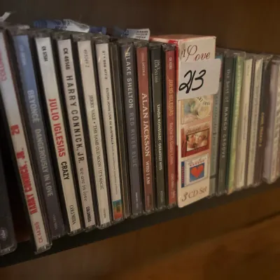 Shelf lined with compact discs featuring various pop, country, and vocal artists including Julio Iglesias, Harry Connick Jr., and Beyoncé.