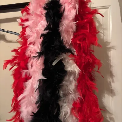 Collection of colorful feather boas, featuring shades of red, pink, white, and black.