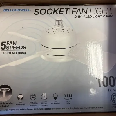 Bell+Howell Socket Fan Light in original packaging, featuring 2-in-1 LED light and fan capabilities.