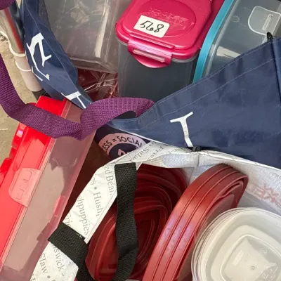Assortment of plastic food storage containers and lids packed inside reusable shopping bags.