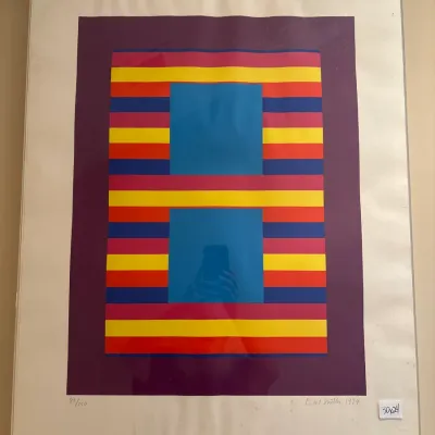 Framed 1974 abstract geometric print by Earl Miller, numbered 88/150 and pencil signed in the lower margin.