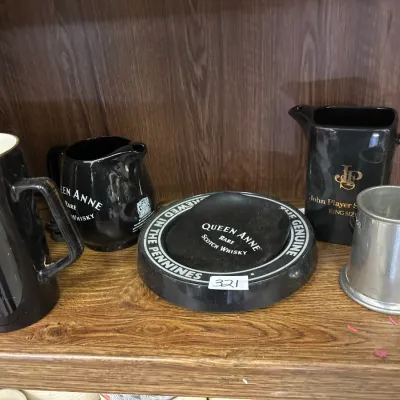 Vintage barware collection, including ceramic advertising water pitchers for Hunts, Queen Anne Scotch Whisky, and John Player Special,...