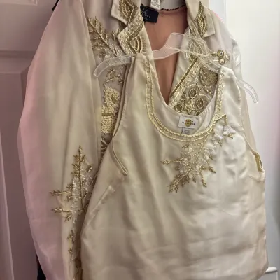 Sandy Starkman embroidered and beaded two-piece sheer jacket and tank top ensemble in cream and gold.