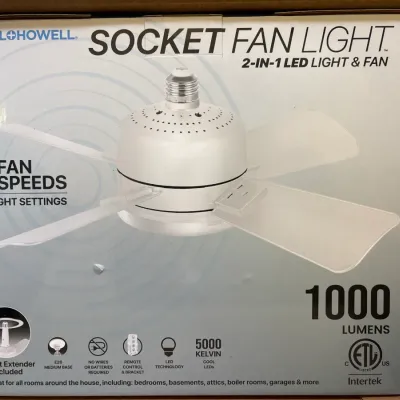 Bell+Howell Socket Fan Light 2-in-1 LED light and fan in its original retail box.