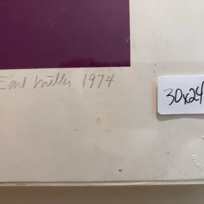 Original 1974 artwork signed by Earl Miller, measuring 30 by 24 inches with a Two Dimensions blindstamp in the corner.