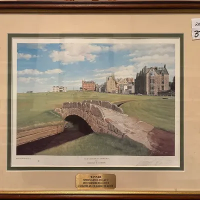 Framed golf print titled 'Old Course St. Andrews' by Graeme W. Baxter, presented as a 1993 Springfield G&CC Member Guest...