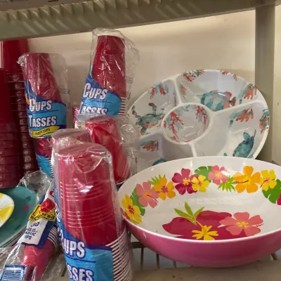 Selection of party supplies, including sealed packages of red plastic cups, a floral melamine serving bowl, and a ocean-themed divided...