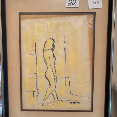 Framed original ink and watercolor figure sketch on textured paper, signed and dated '96, measuring 13x17 inches.