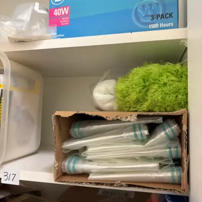 Assorted household supplies including Westinghouse light bulbs, ziplock bags in a cardboard organizer, and a green cleaning duster stored...