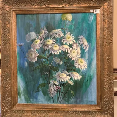 Framed floral still life oil painting depicting white chrysanthemums on a blue-green background, signed E. Vingris in lower right. Housed...