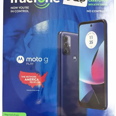 Boxed Tracfone Moto G Play smartphone featuring a dark blue casing, prepaid service packaging, and price sticker.