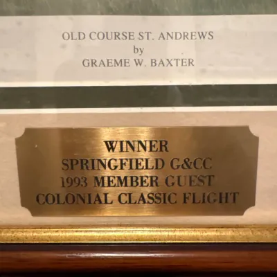 Framed golf print of the Old Course St. Andrews by Graeme W. Baxter, featuring a brass commemorative plaque from the 1993 Springfield...