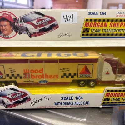 Vintage 1992 Road Champs 1/64 scale Morgan Shepherd Citgo Wood Brothers team transporter die-cast truck, new in original box.