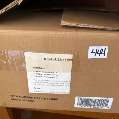 Cardboard box containing a Templock 3-piece insulated thermal container set, made in India.