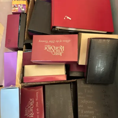 Collection of Just the Right Shoe miniature collectible figurines in their original boxes, packed in a storage tub.