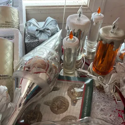 Collection of holiday decorations, including large mercury glass teardrop ornaments, vintage bubble candle lights, boxed glass ornaments,...