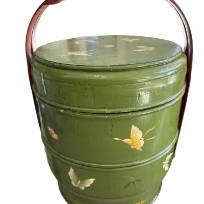 Vintage Chinese painted wood wedding food basket, featuring a green lacquer finish with butterfly and flora details and an overhead...