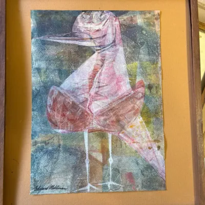 Framed mid-century modern abstract bird print, signed lower left by artist Edward Mellman.