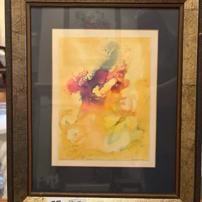 Framed abstract watercolor painting dated 1975, presented in a black mat and a mottled metallic gold-finish frame.