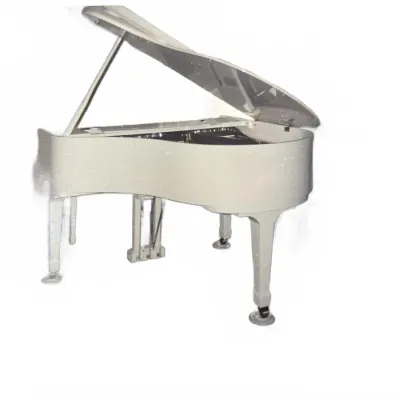White baby grand piano with its lid propped open, sitting on casters.