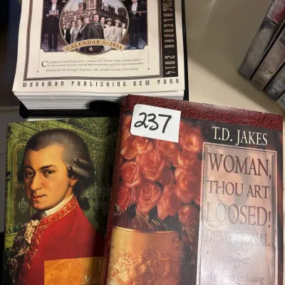 Selection of books and media, including a 2014 Downton Abbey page-a-day calendar, a Mozart biography book, and T.D. Jakes'...