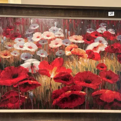 Framed contemporary oil painting depicting a field of red, white, and orange poppies with heavy impasto texture.