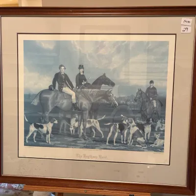 Framed traditional equestrian art print titled "The Heythorp Hunt," depicting riders and foxhounds in a wooden frame with...
