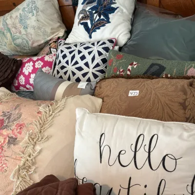 Large collection of decorative accent pillows in various styles, patterns, and textures, including embroidered, floral, and script...