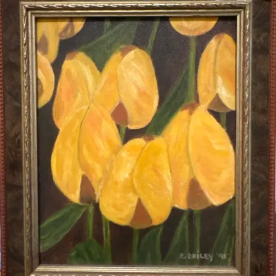 Framed original oil painting depicting yellow tulips on a dark background, signed B. O'Riley and dated '95.
