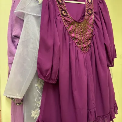 Selection of women's vintage dresses hanging on a rack, featuring a prominent magenta Ashro tunic dress with detailed metallic...